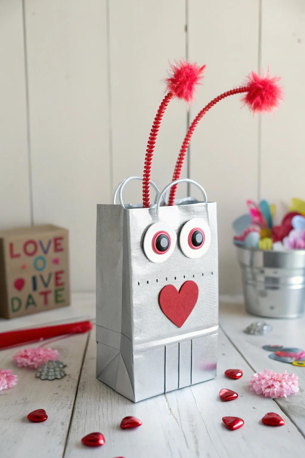 Craft a charming Robot Love Bag for a fun and unique Valentine's Day surprise!