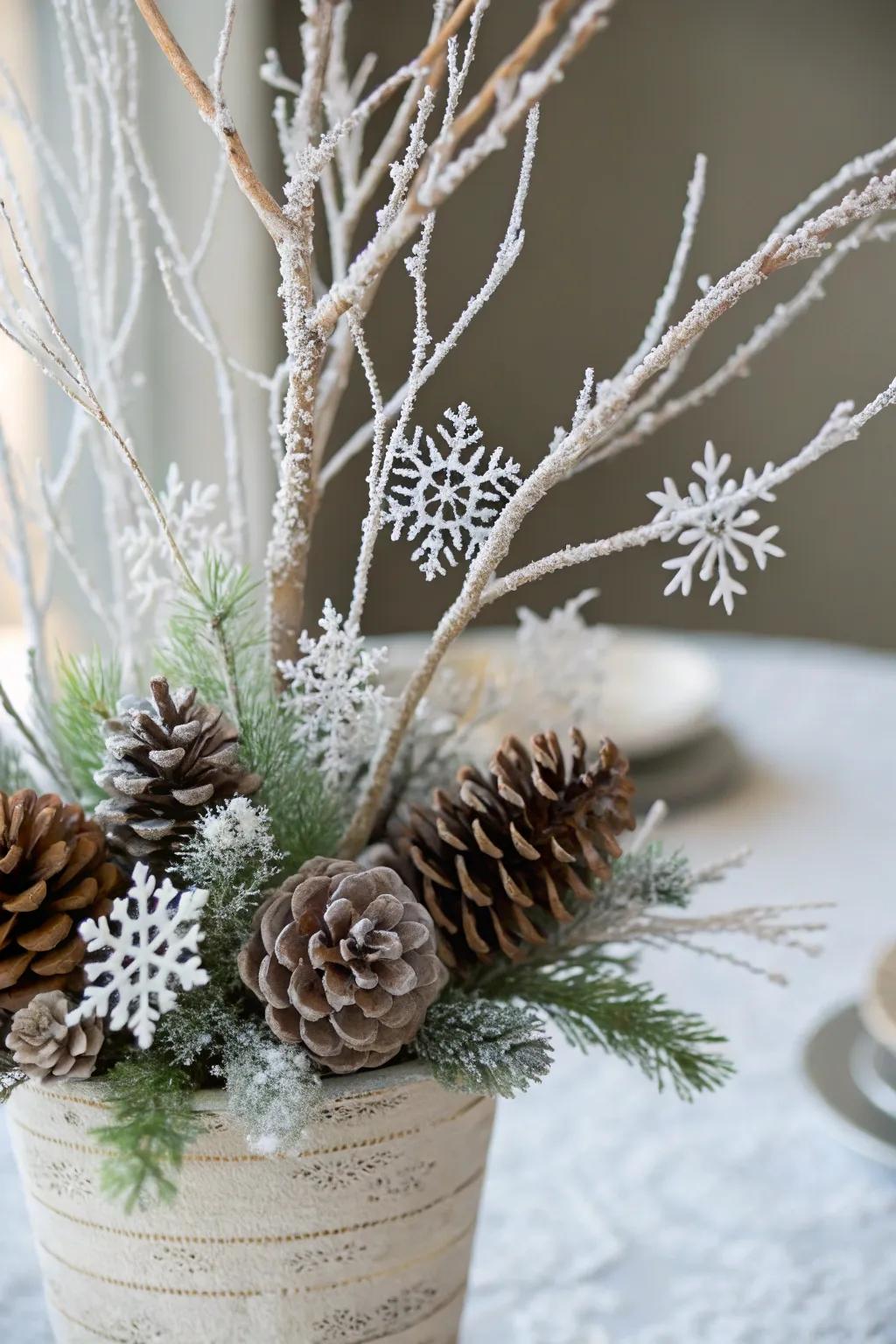 Frosted elements bring a touch of snowy elegance to the table.