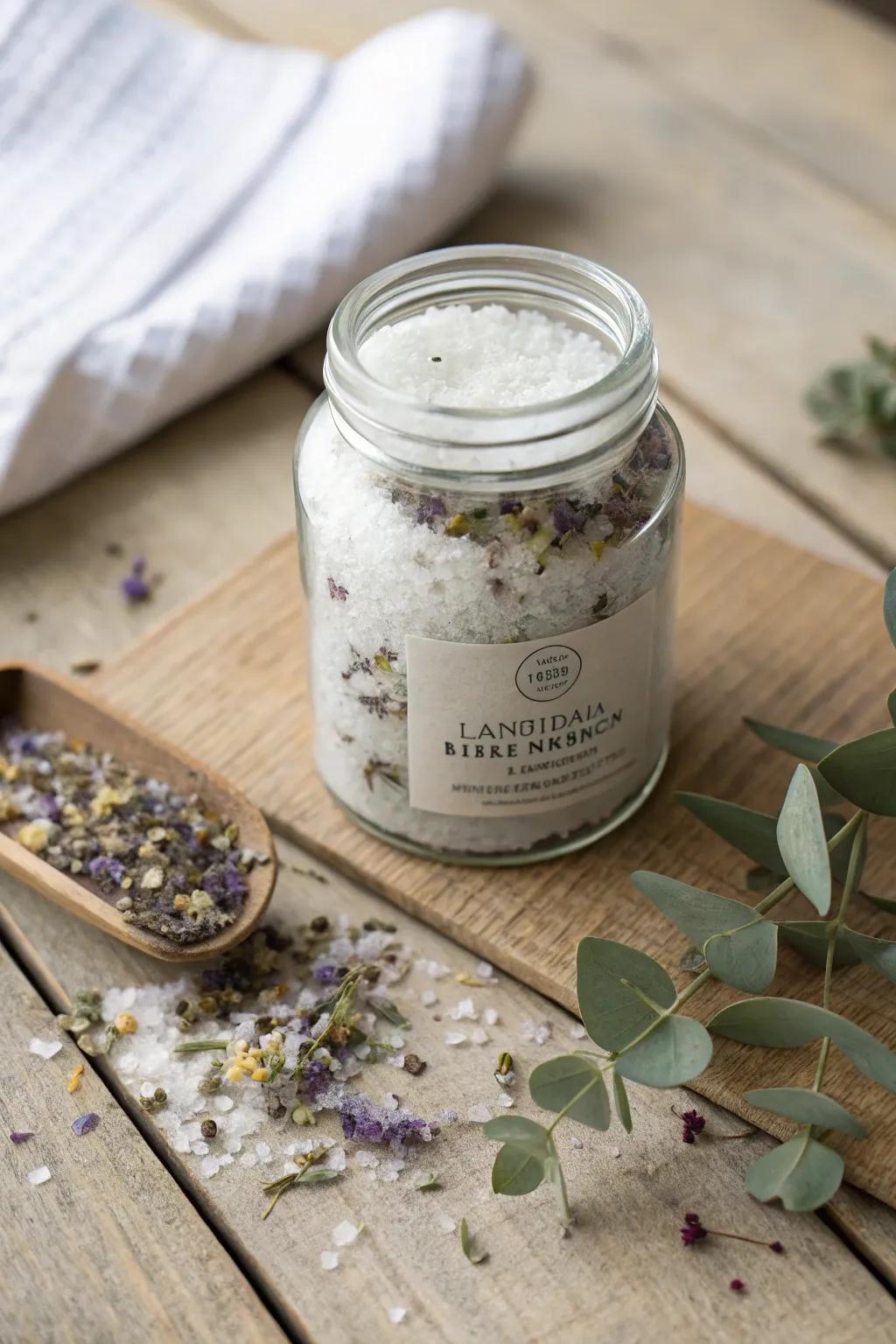 Indulge in a serene spa experience with handcrafted herbal bath salts.