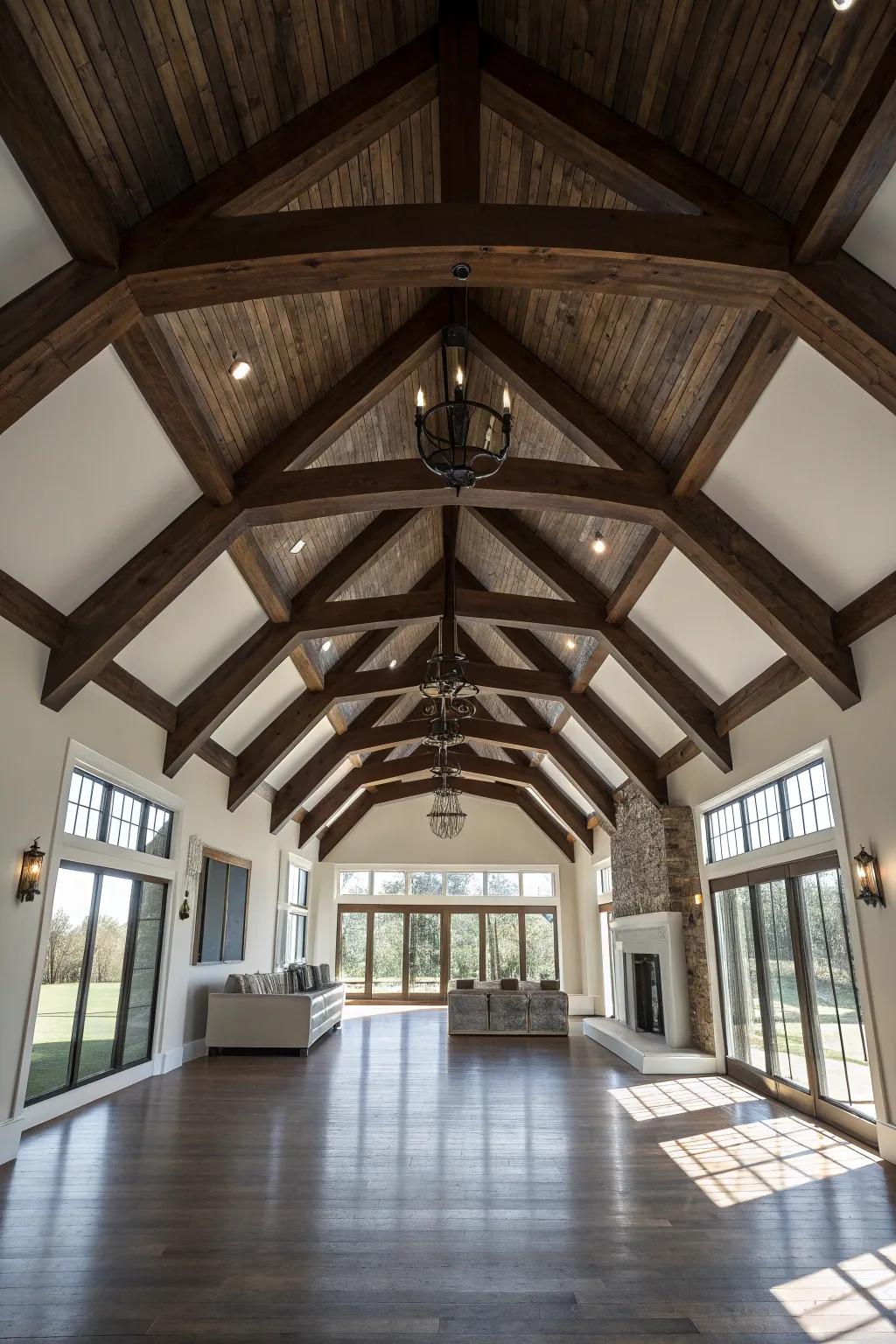Elevate your space with dramatic vaulted ceilings and striking faux beams.