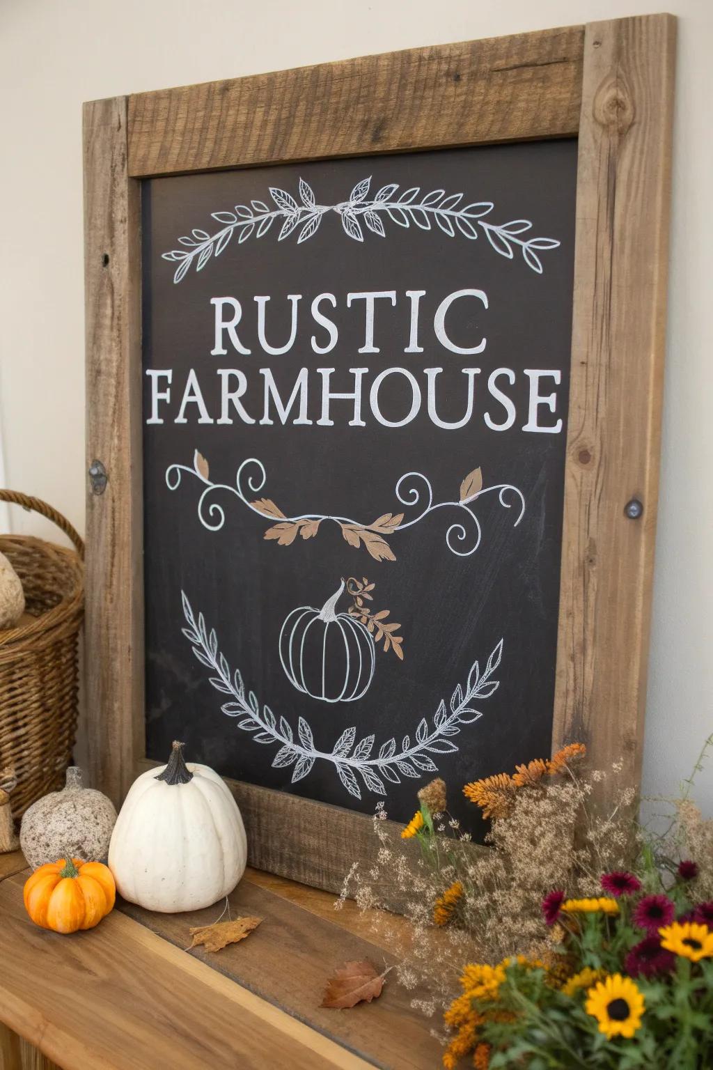 Embrace Rustic Farmhouse Vibes with this charming fall chalkboard design, blending minimalist elegance with boho warmth.