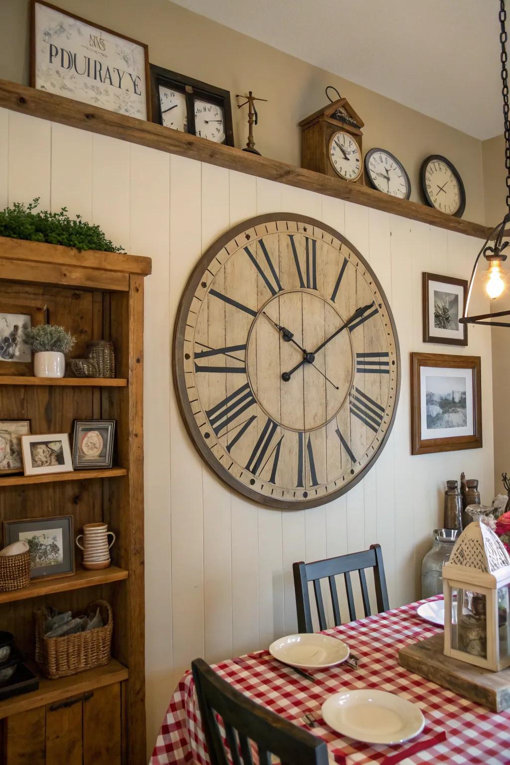 A rustic clock serves as a striking focal point in this farmhouse dining room.