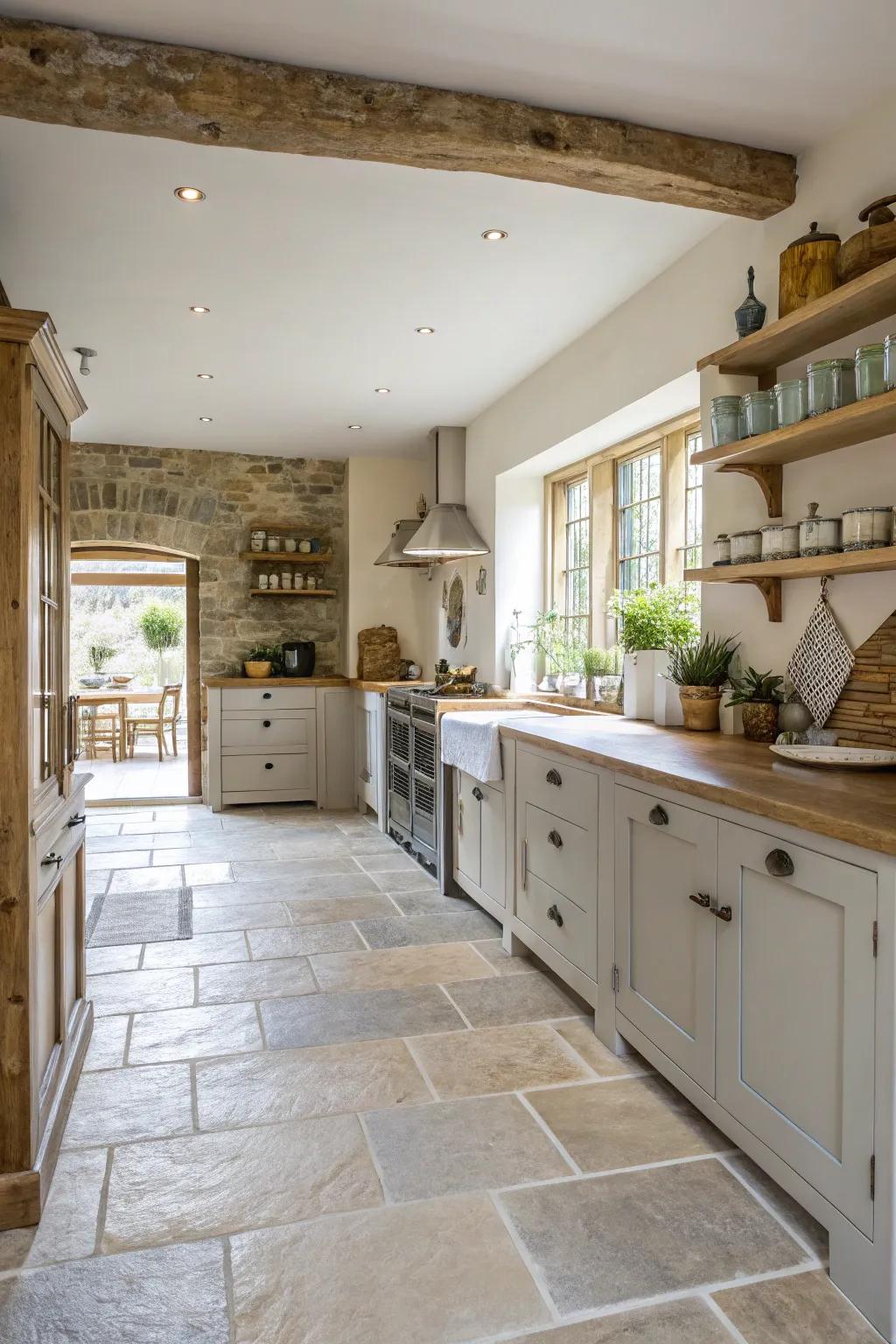 Muted tile colors provide a serene and airy feel in this open-plan kitchen.