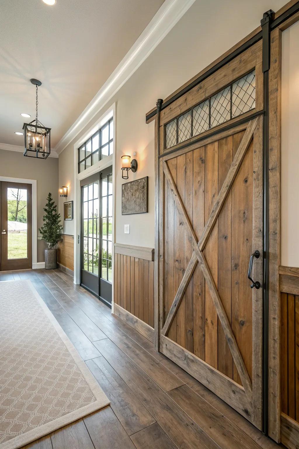 Entryway with a bold mix of wood and metal wainscoting.