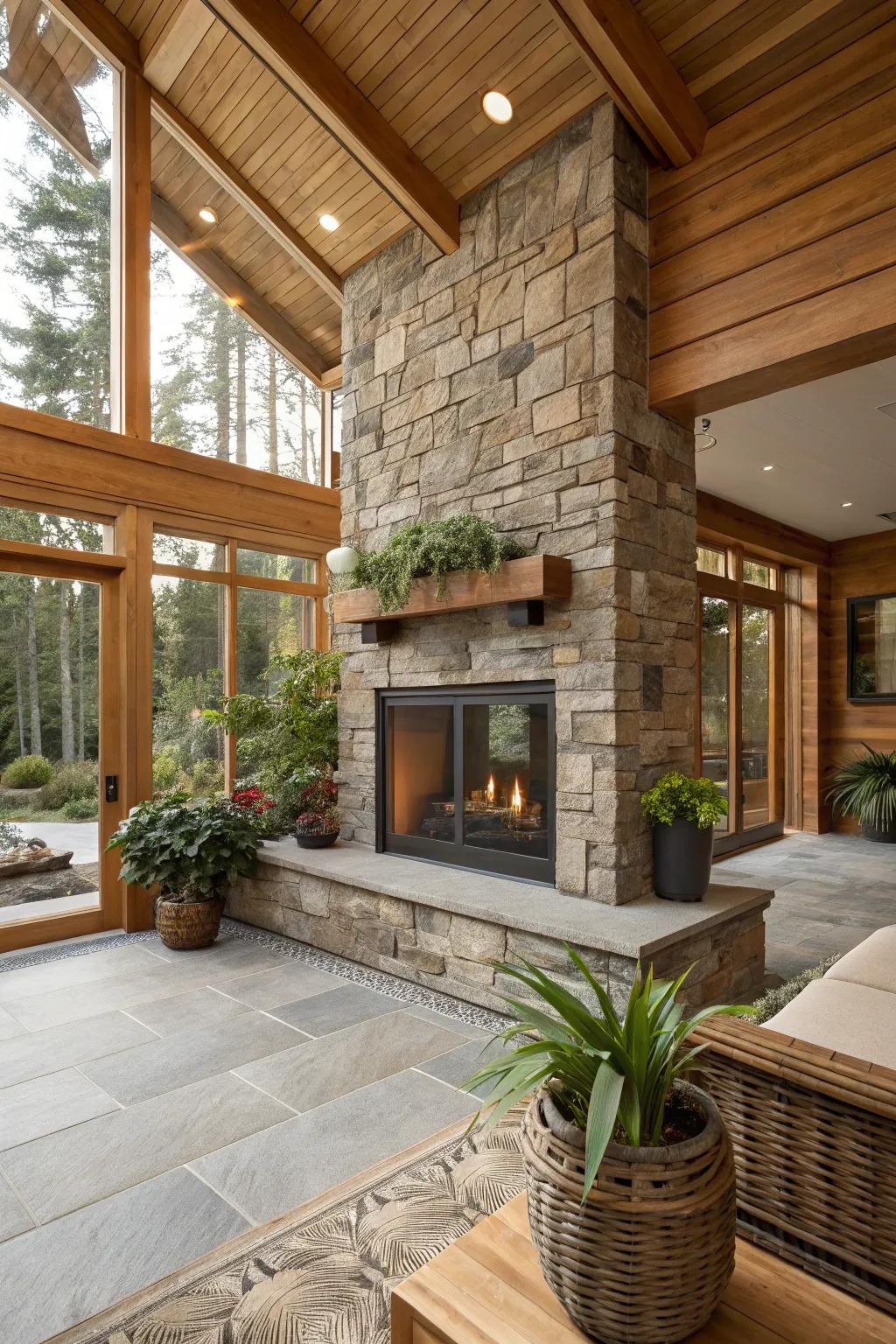 Nature meets modernity with stone and glass combinations.