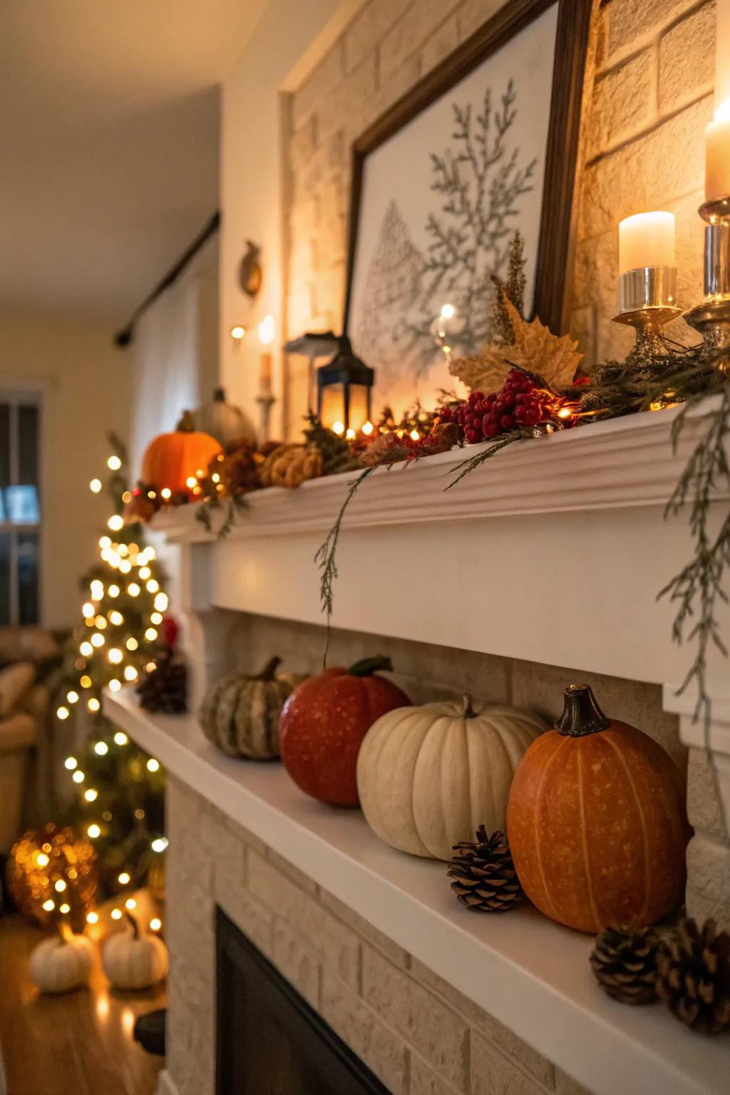 Seasonal decor brings festive spirit to the mantel.