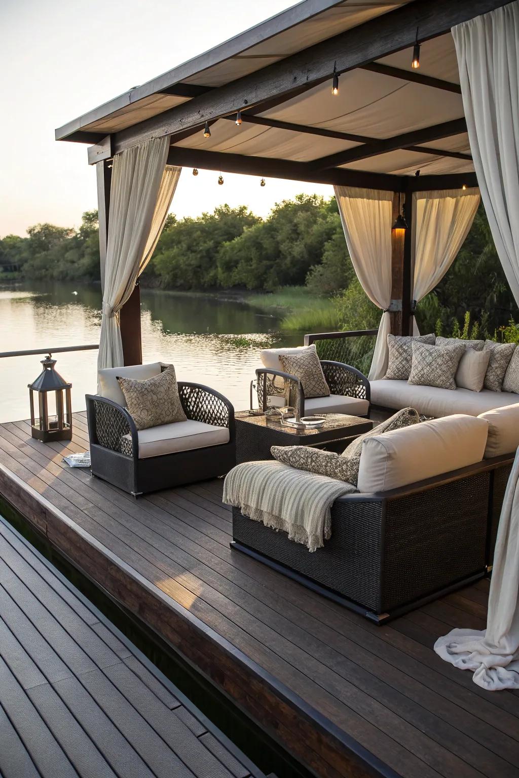 Transform your deck into a cozy retreat with plush seating – perfect for coffee mornings and evening chats.