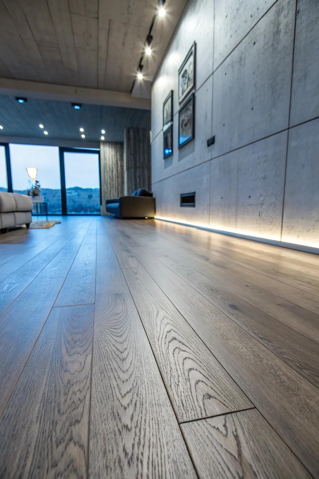 Elevate your space with the modern allure of vinyl or laminate flooring, perfect for a sleek studio transformation.
