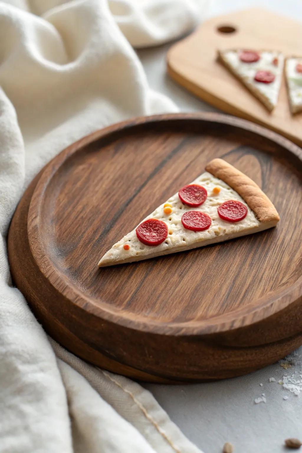 A slice of artistry: Handmade clay pizza slice with delightful details.