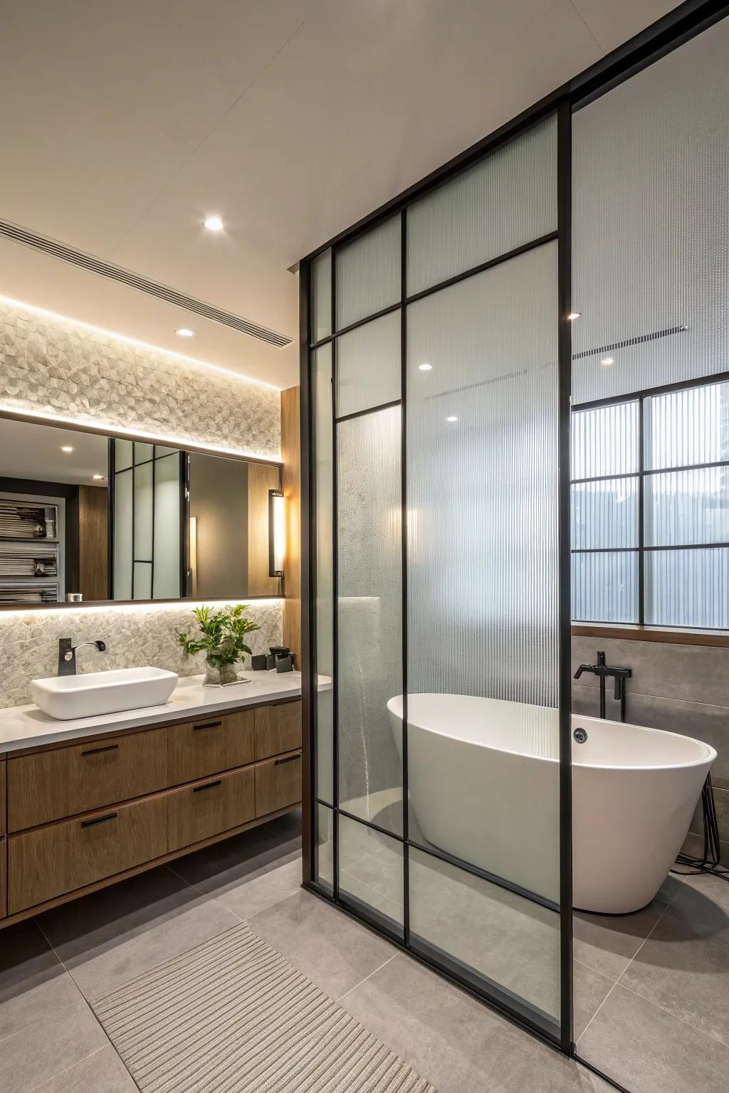Stylish privacy with frosted bathroom partitions.