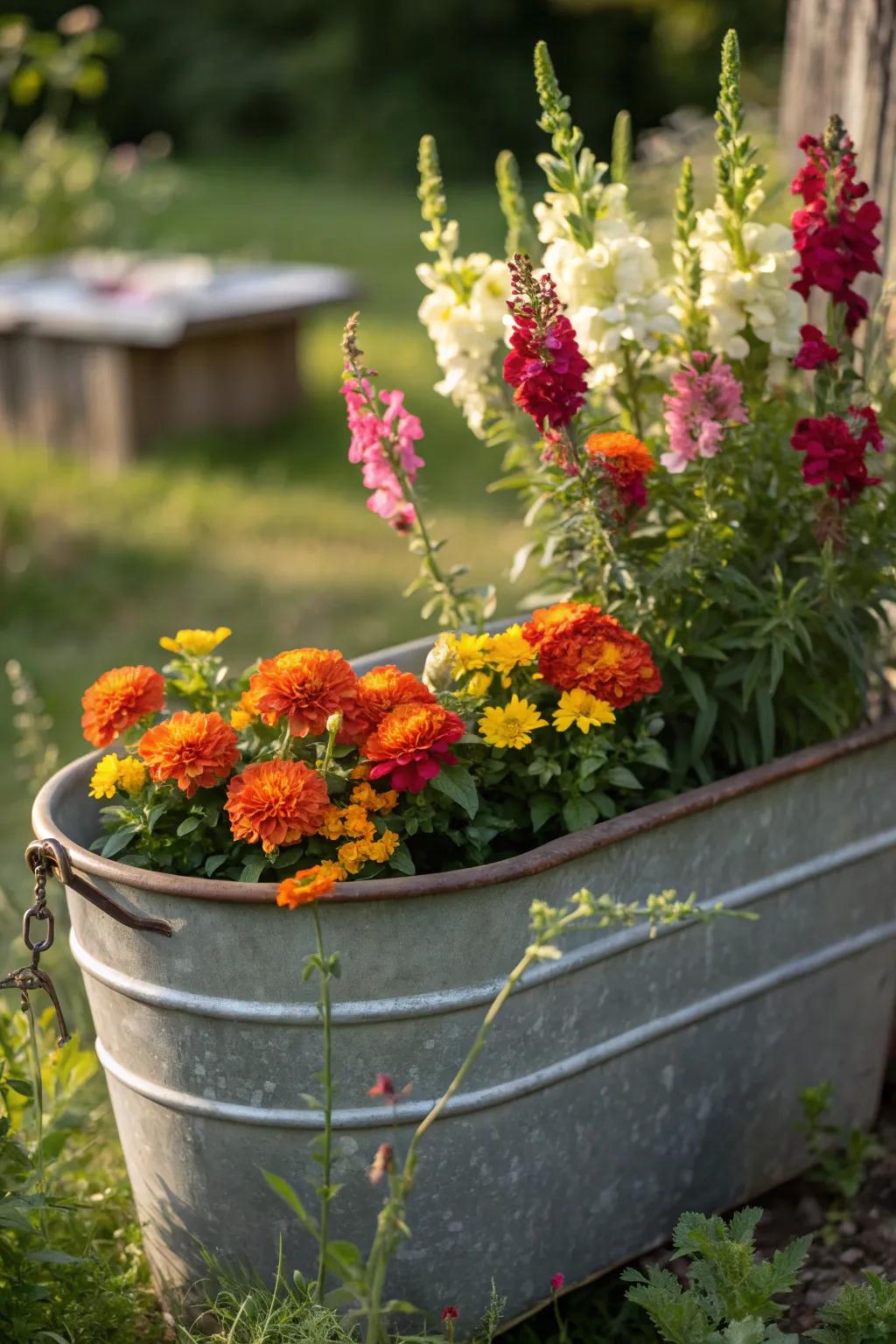 Transform your garden space with a galvanized wash tub bursting with vibrant blooms. Perfect for adding a splash of color and rustic charm!