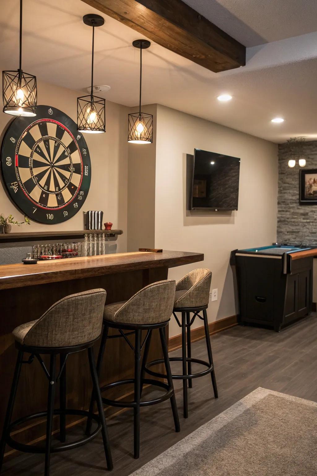 A darts and drinks corner offers classic fun and entertainment.