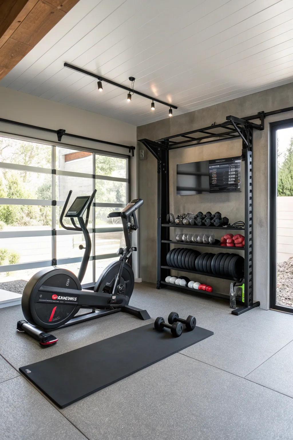 Transform your garage into a sleek home gym haven—where fitness meets style.