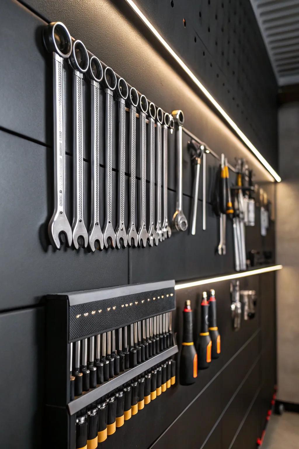 Transform your garage wall into a sophisticated tool gallery with a magnetic strip solution.