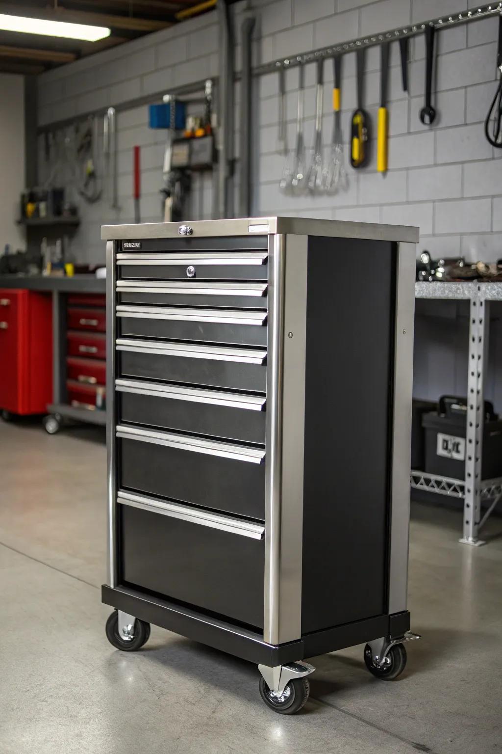 Streamline your workshop with this stylish and efficient rolling cabinet.