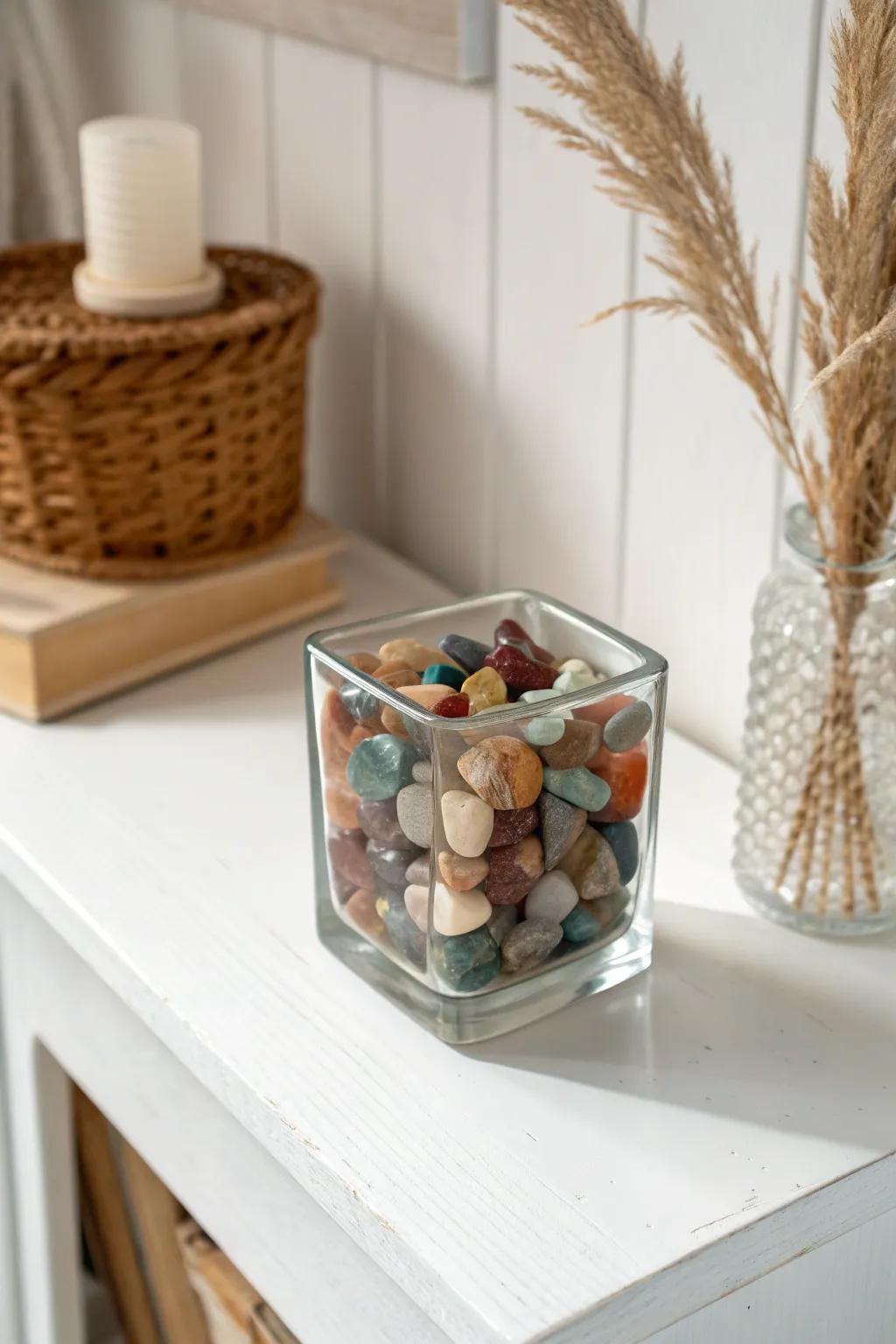 Transform your space with the vibrant charm of colorful pebbles in a minimalist glass block. #CraftWithColor #ScandiBoho
