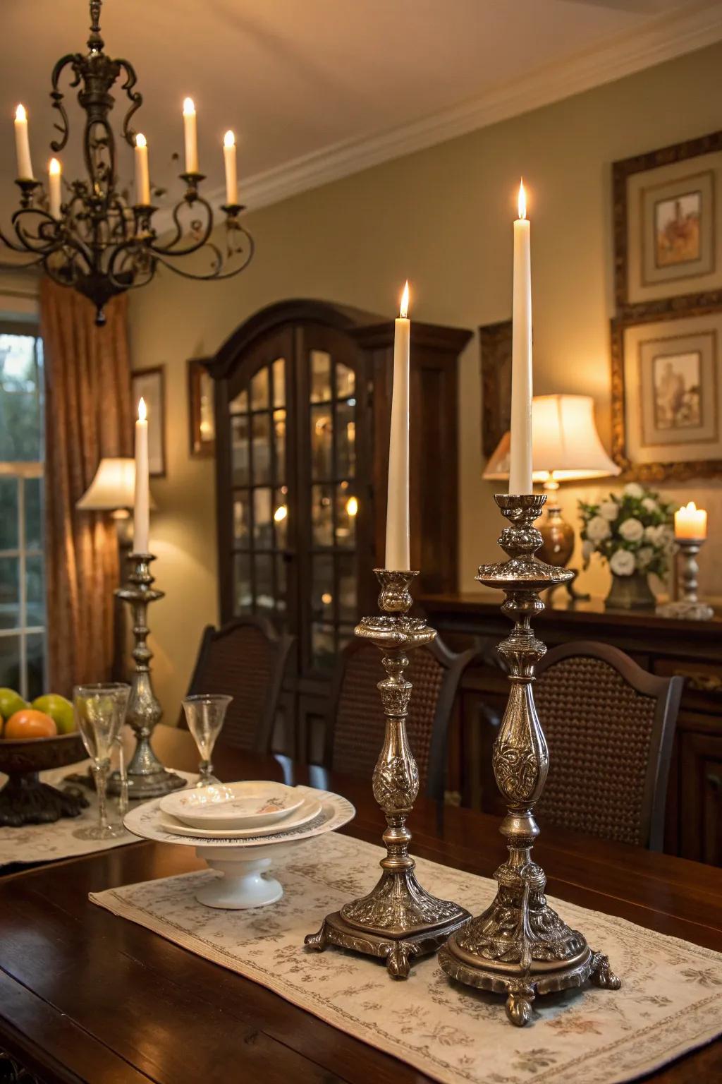 Candles that cast a warm, ethereal glow in the Gothic dining room.