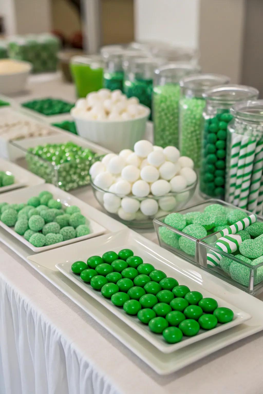 White elements highlight the vibrant green candies.