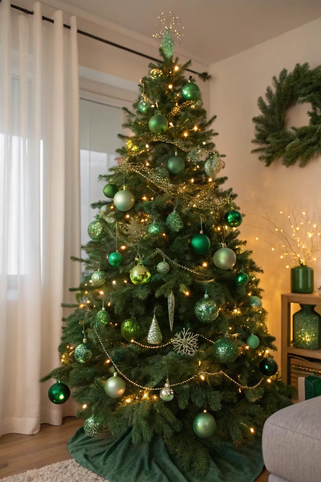 A monochromatic green Christmas tree that showcases a lush, unified design.
