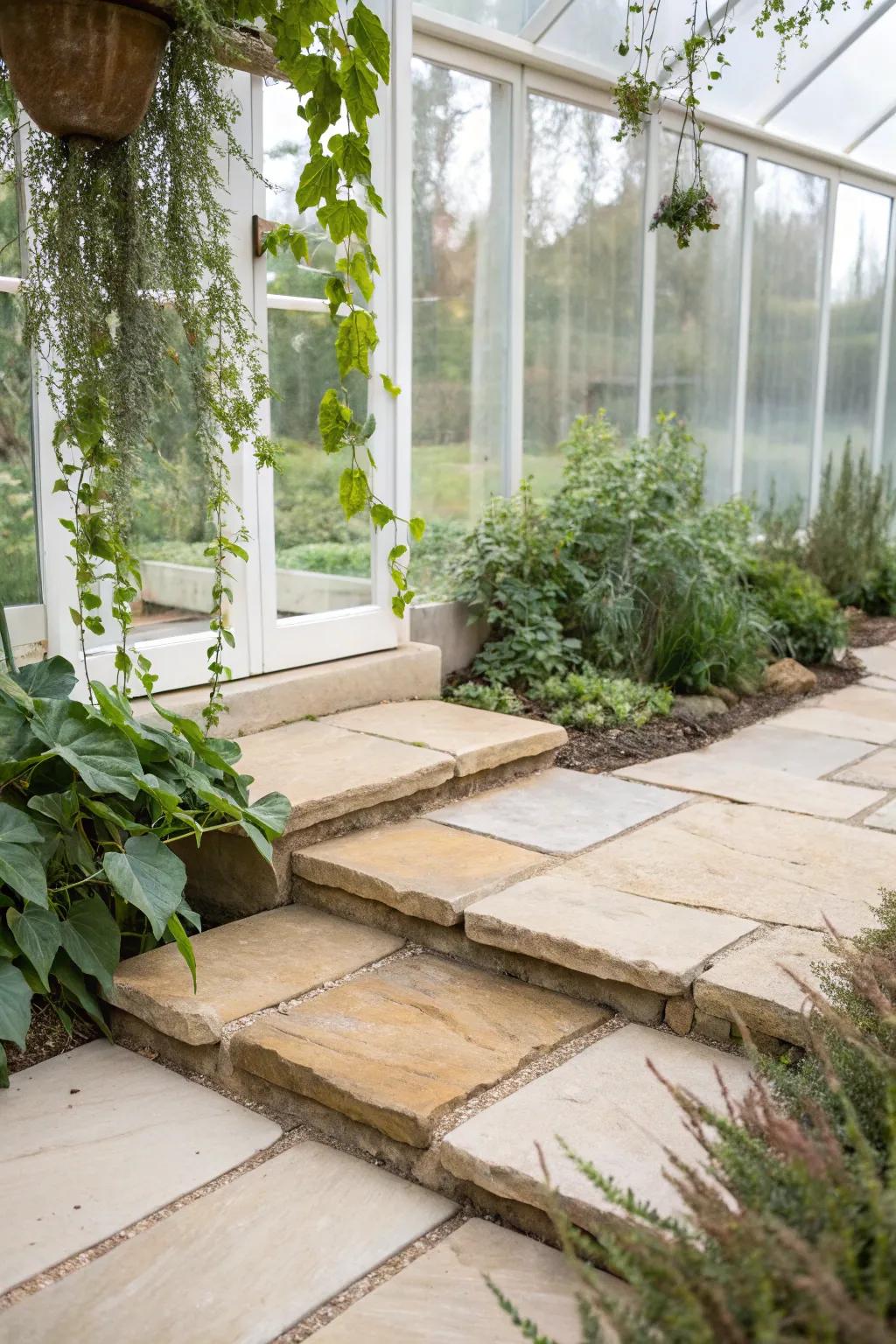 Elevate your greenhouse with the timeless elegance of paving slabs—where simplicity meets natural beauty.