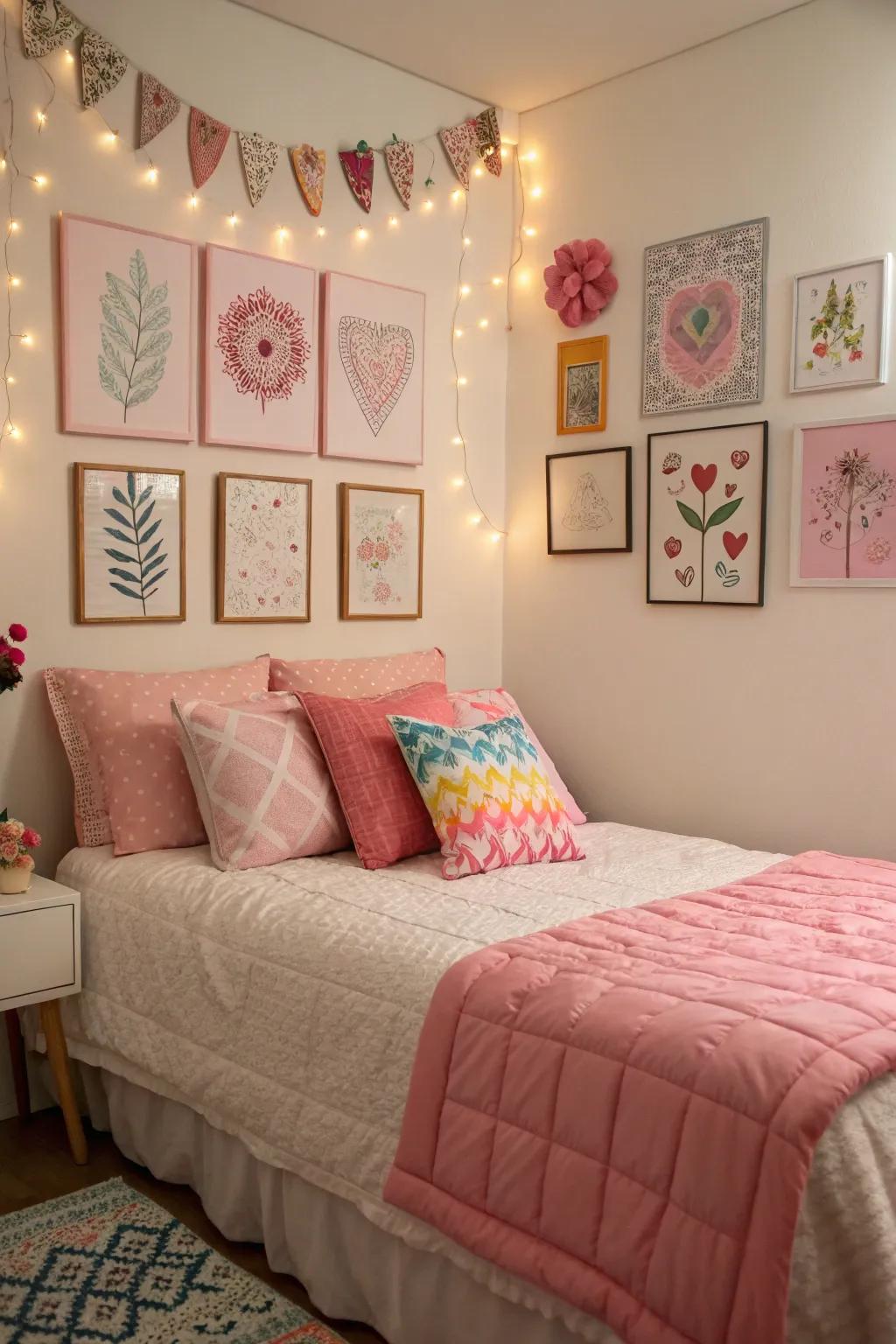 Art and decor add a personal touch to the pink theme.