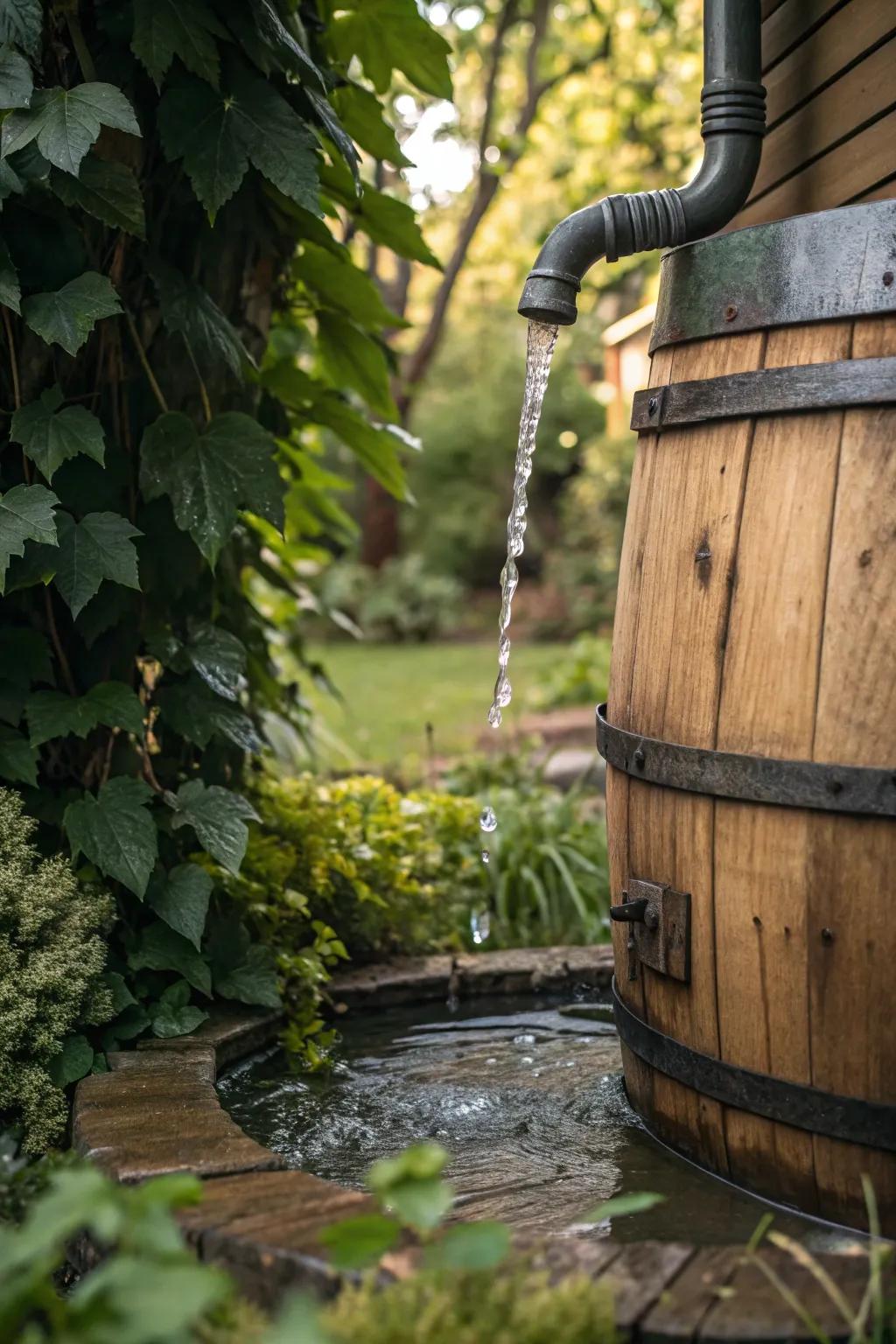 Elevate your garden's charm with a classic oak rain barrel—practical water saving meets rustic elegance.