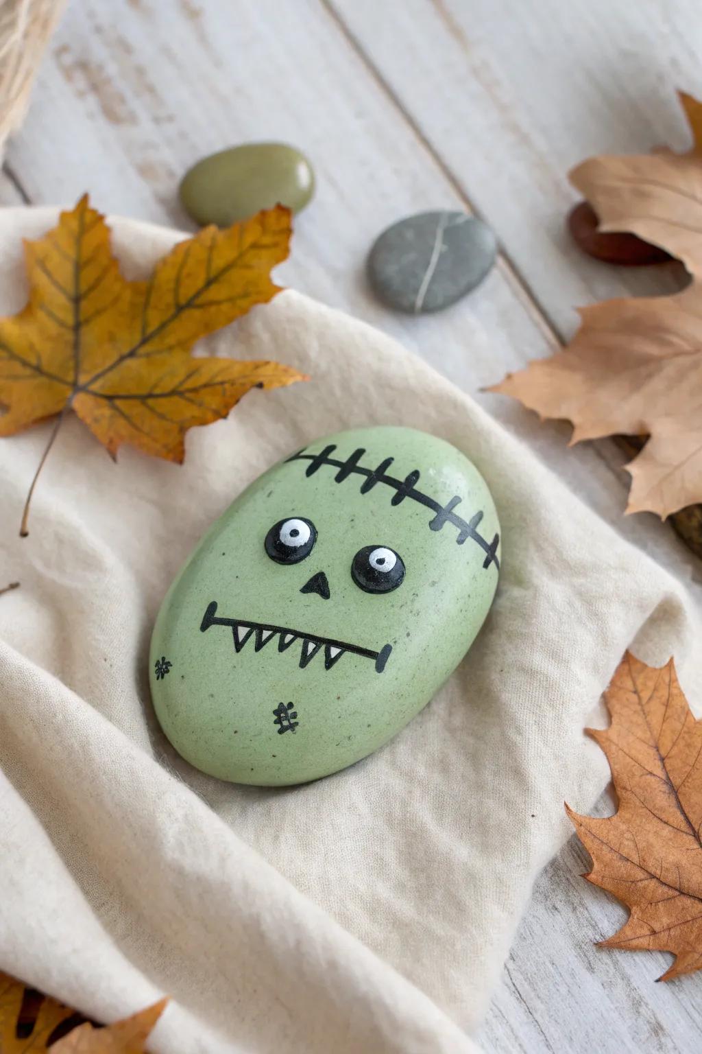 Unleash your creativity with this minimalist Frankenstein painted rock—perfect for adding a touch of spooky elegance to your decor!