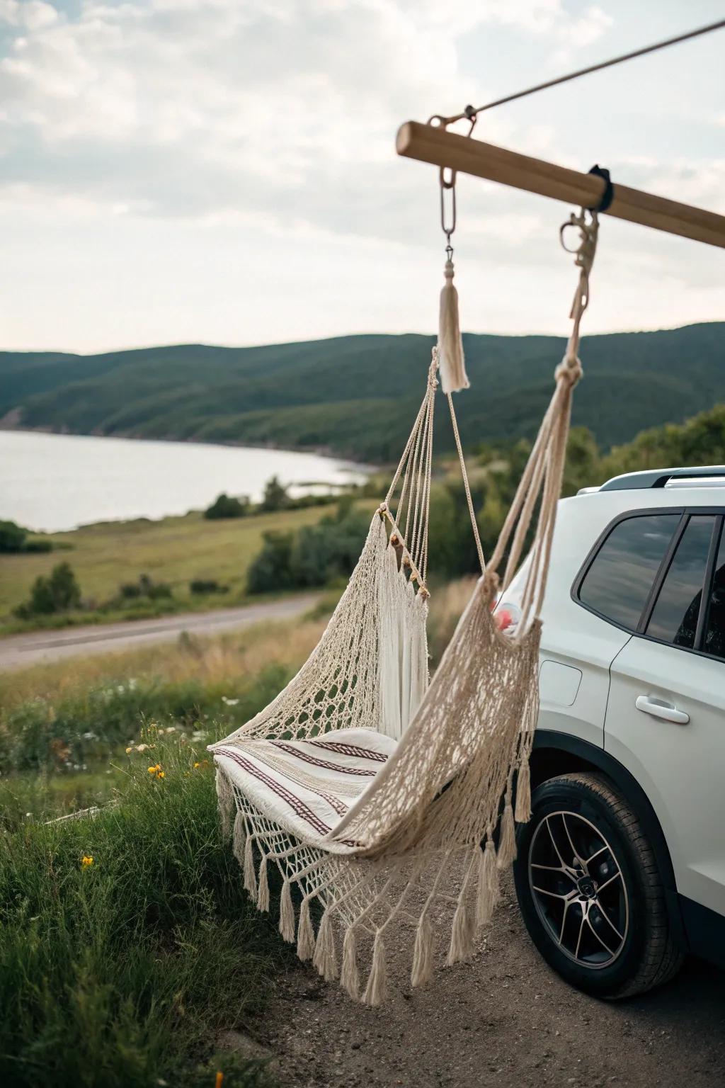 Effortless elegance: Embrace the freedom of the open road with a hammock perfectly hung from your vehicle's hitch.