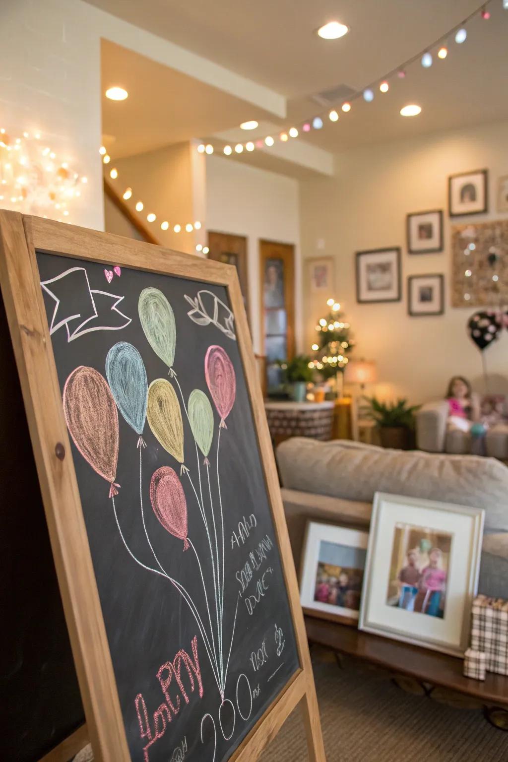 Balloon illustrations on a joyful birthday chalkboard sign.