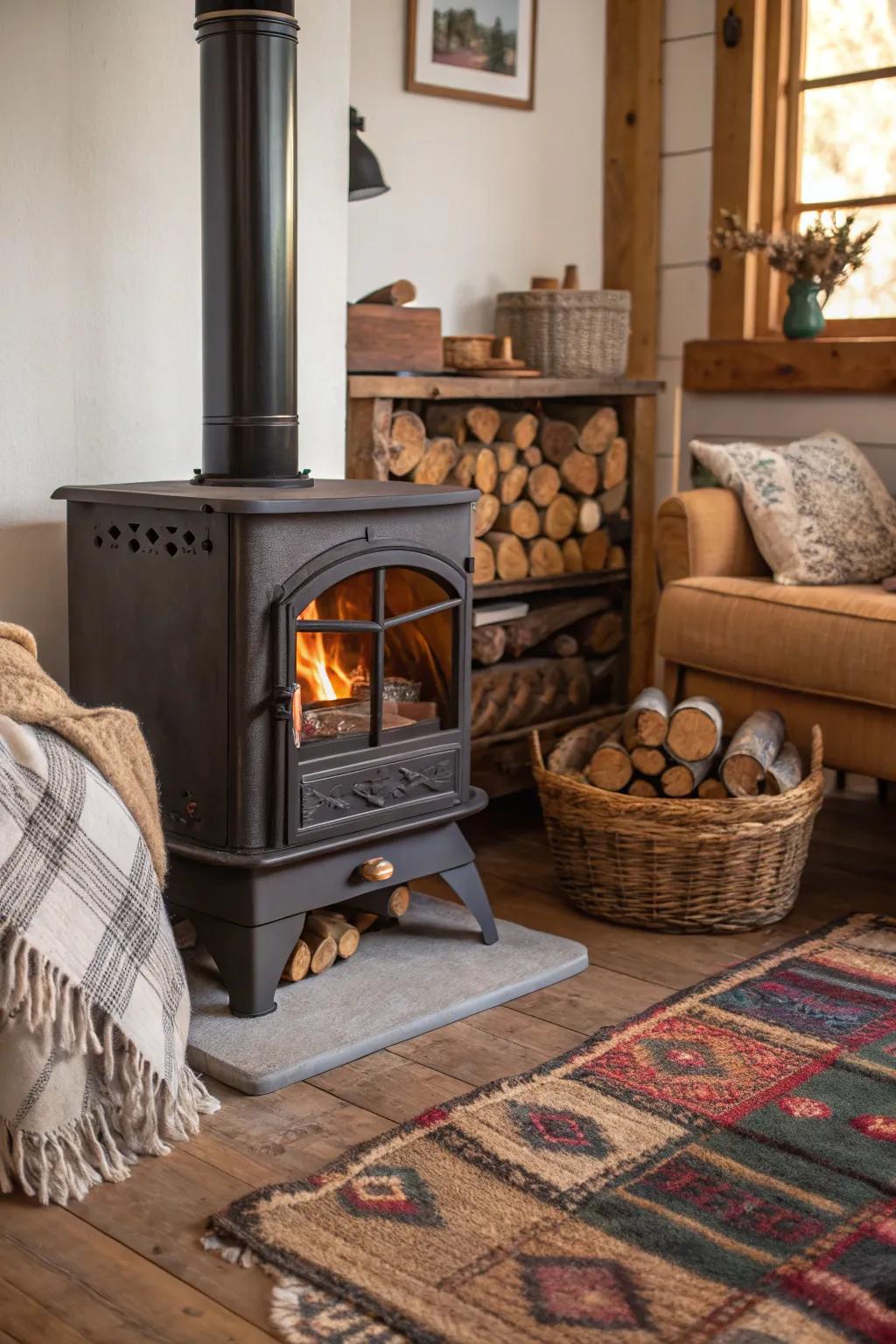 Integrated wood storage combines functionality with rustic charm.
