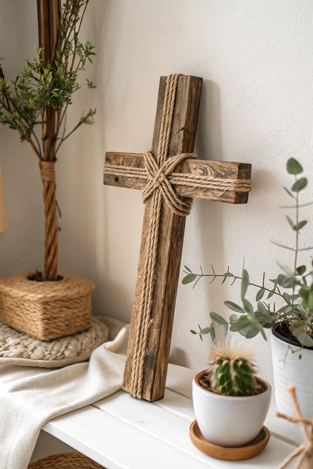 Elevate your space with this charming twine-wrapped cross, perfect for adding warmth and texture to any room.
