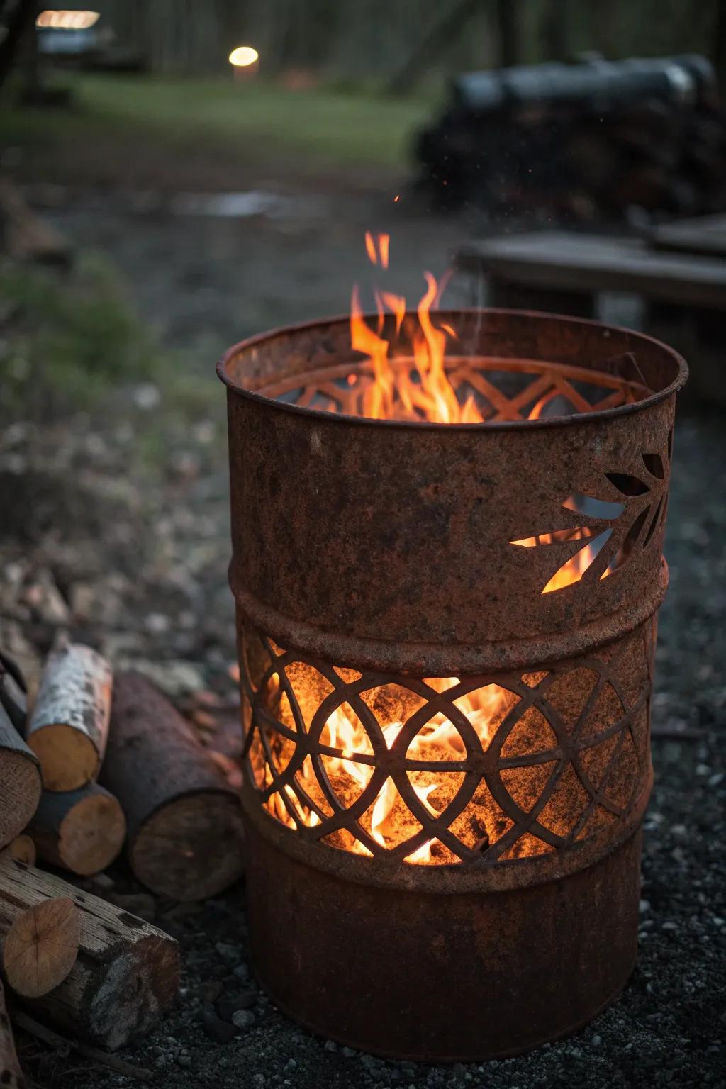 Embrace the rustic allure of industrial design with this captivating rusted fire pit centerpiece.