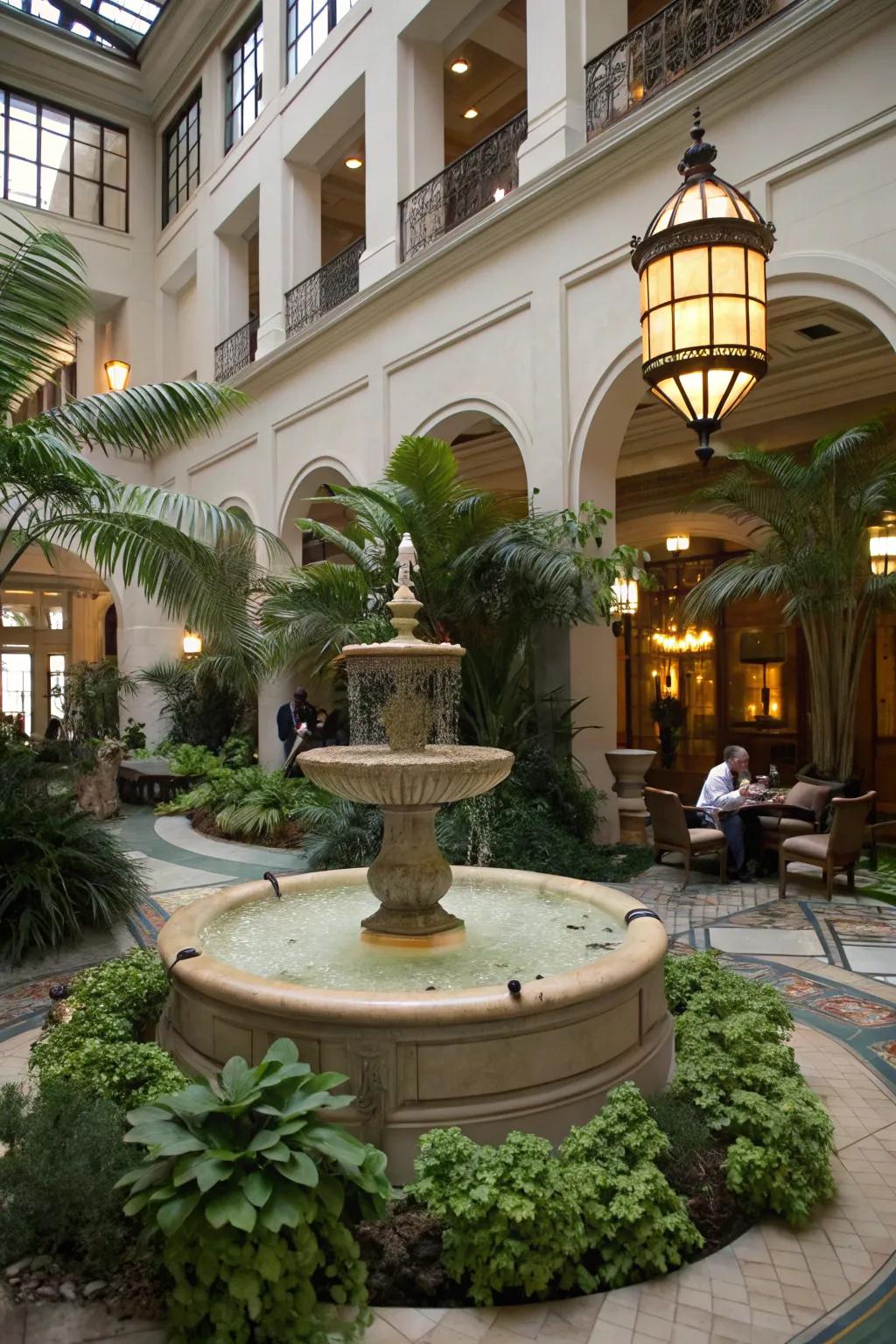 A serene atrium enhanced by a soothing water feature.