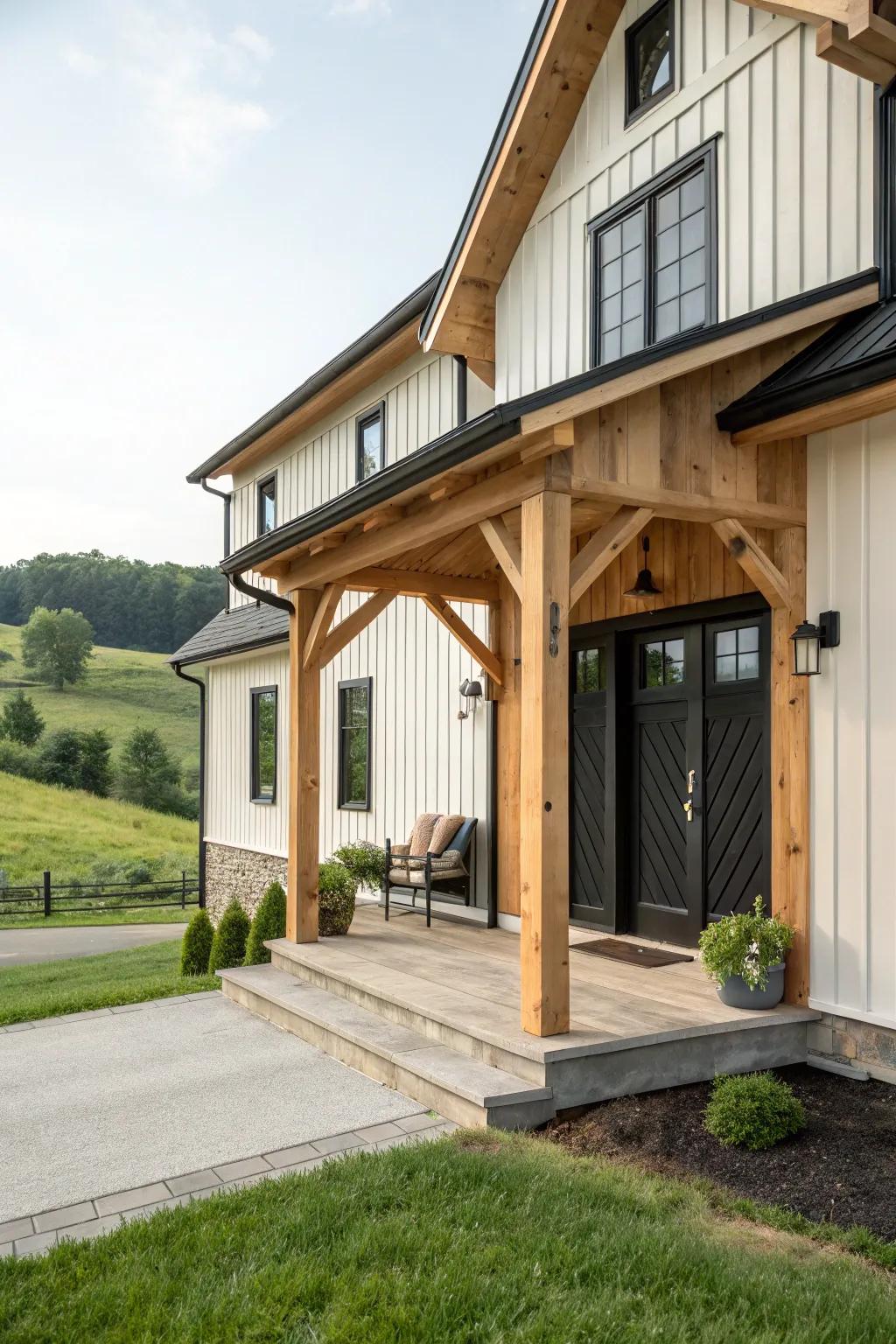 Modern meets rustic with a farmhouse black door.