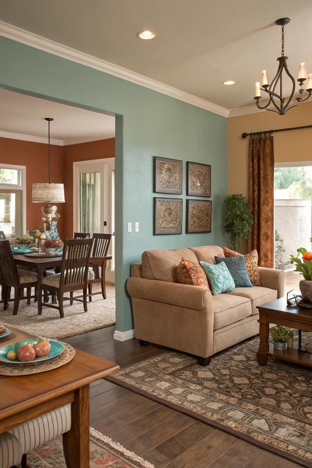 Contrasting color schemes subtly separate spaces.