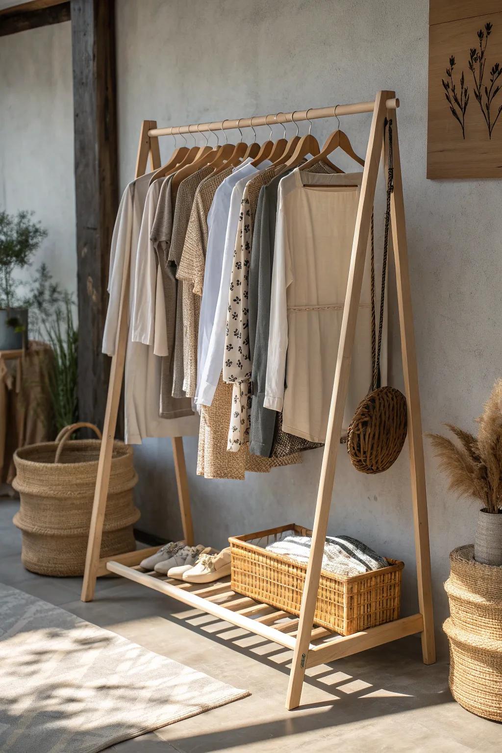 Maximize your garage sale space with a stylish, minimalist clothing display.