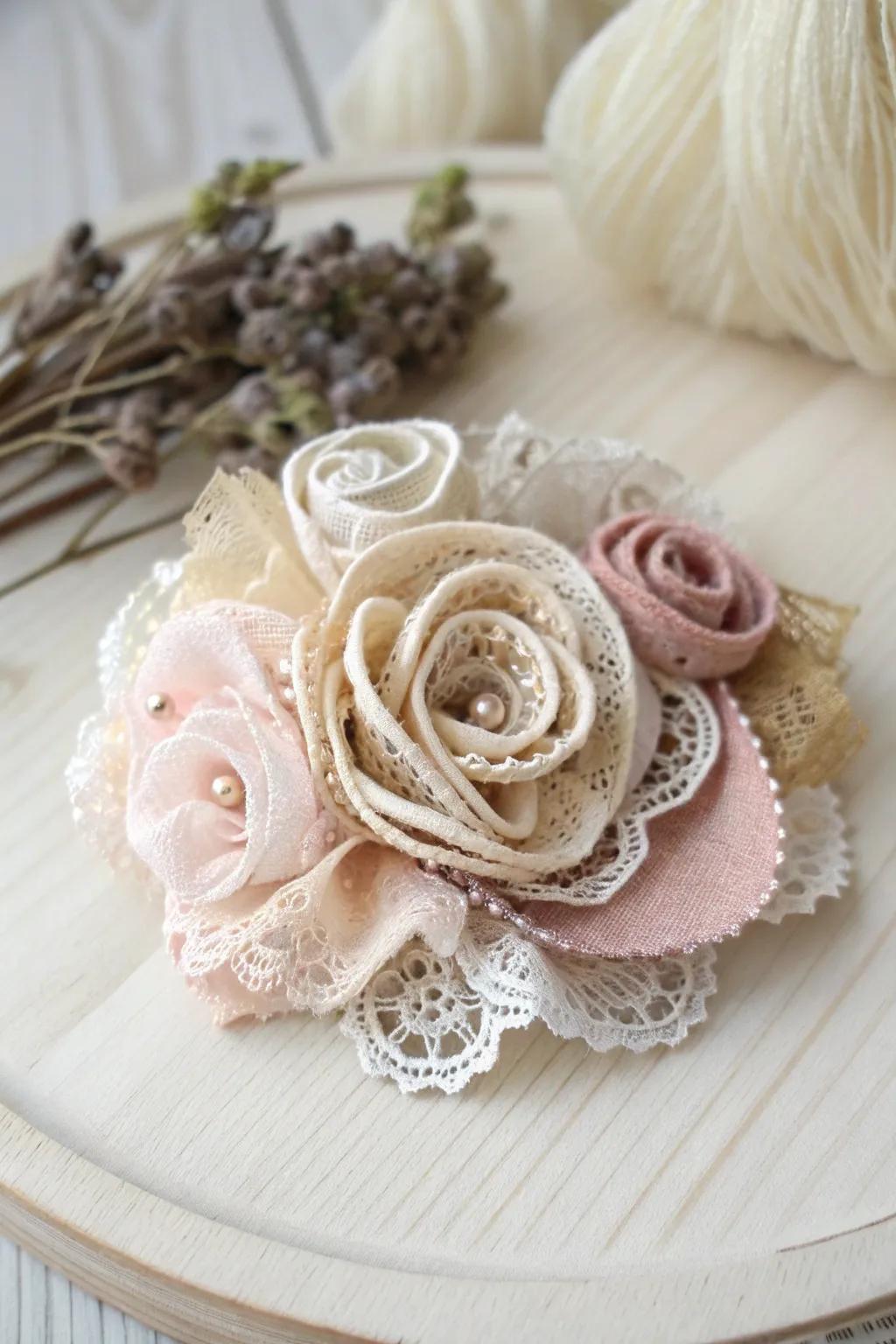 Elegance in Layers: Discover the timeless charm of fabric and lace in this handcrafted brooch.