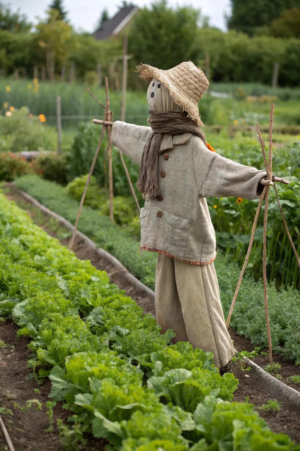 Meet your garden's new protector: a minimalist scarecrow with a touch of boho charm, keeping your vegetables safe and stylish!