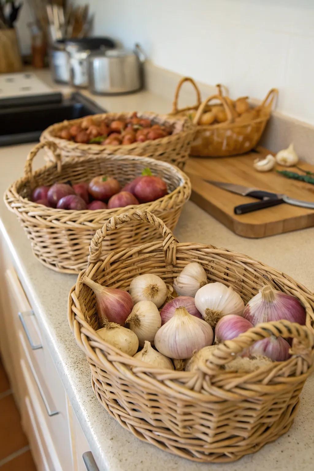 Rustic woven baskets used for storing garlic and shallots, enhancing kitchen aesthetics.