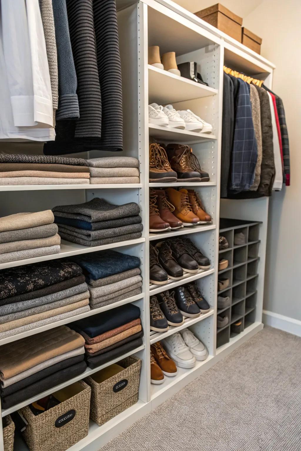 Shelf dividers maintain neatness and order on deep closet shelves.
