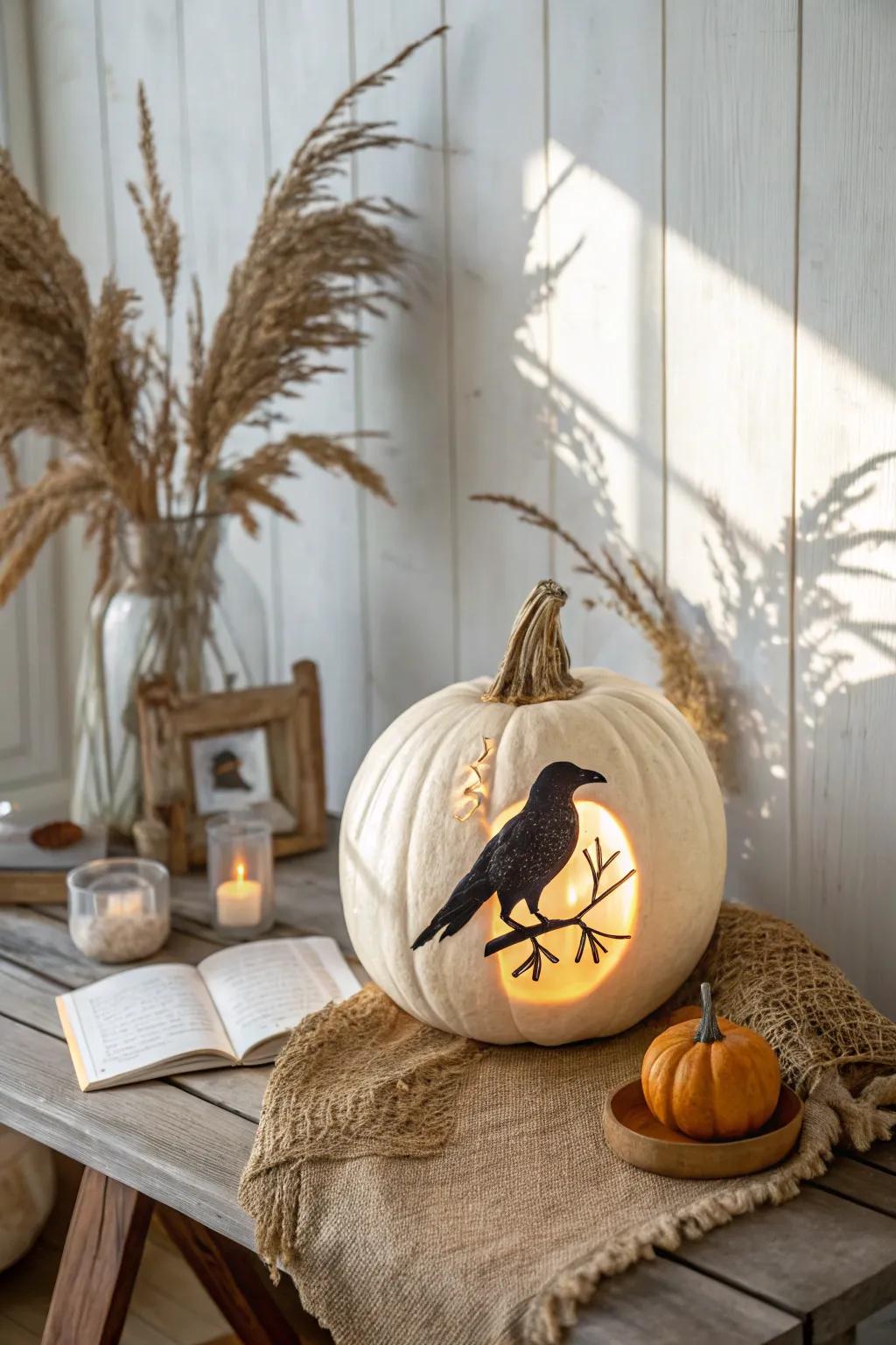 Embrace the magic of shadows with this enchanting raven silhouette jack-o'-lantern.
