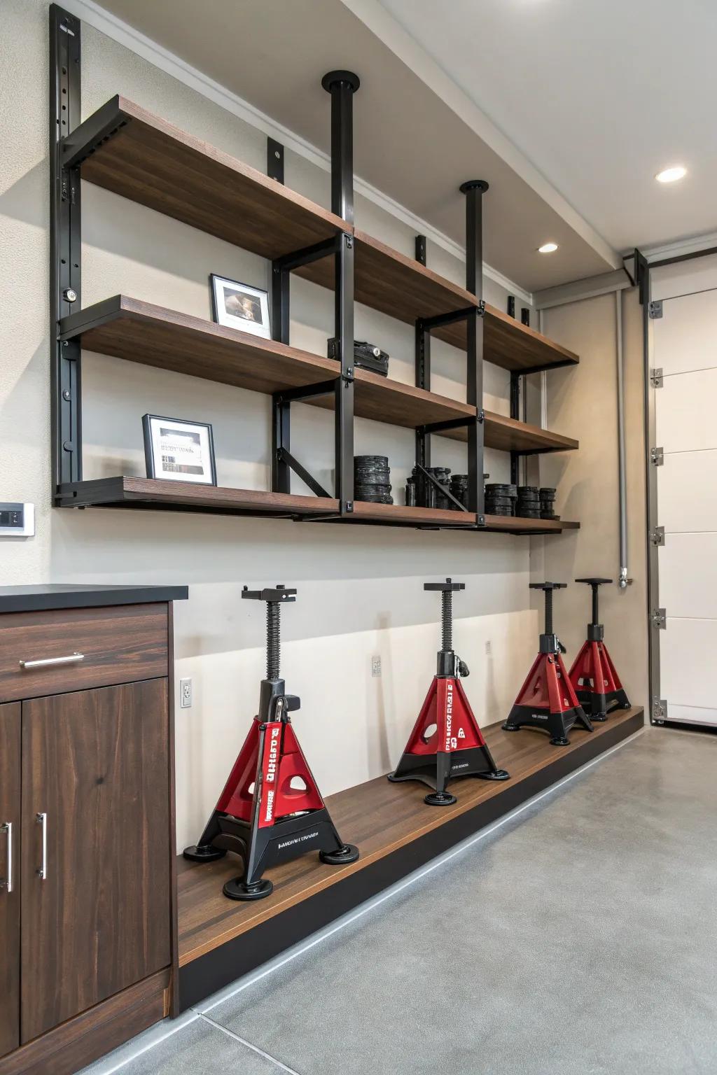 Transform your garage into an organized haven with sophisticated corner shelves for jack stands. #GarageGoals