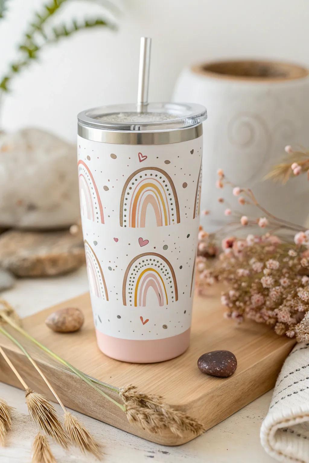 Sip in style with this enchanting rainbow tumbler, where minimalism meets a splash of whimsy.