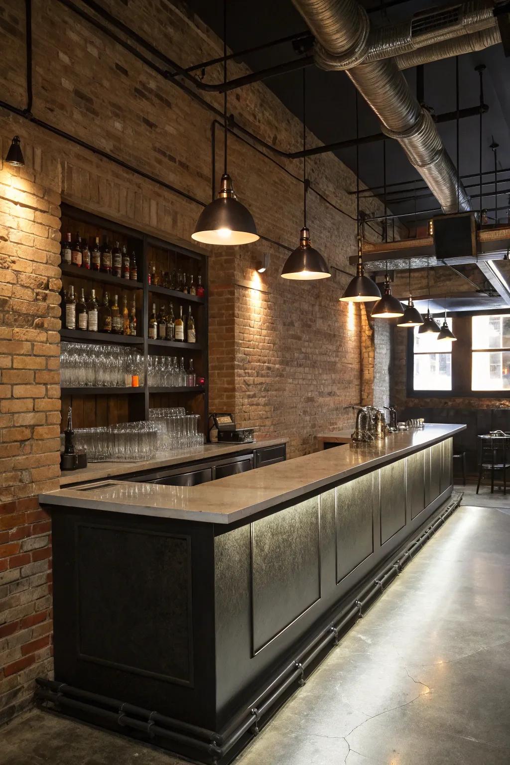 Industrial chic L-shaped wet bar with a stylish blend of exposed brick and metal.