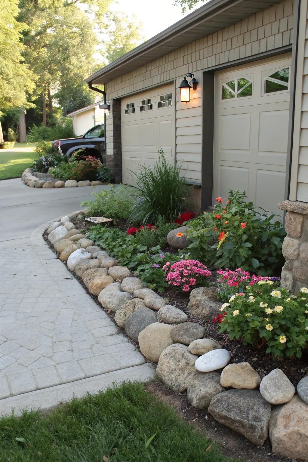 Decorative stone borders bring a modern flair to garage landscapes.