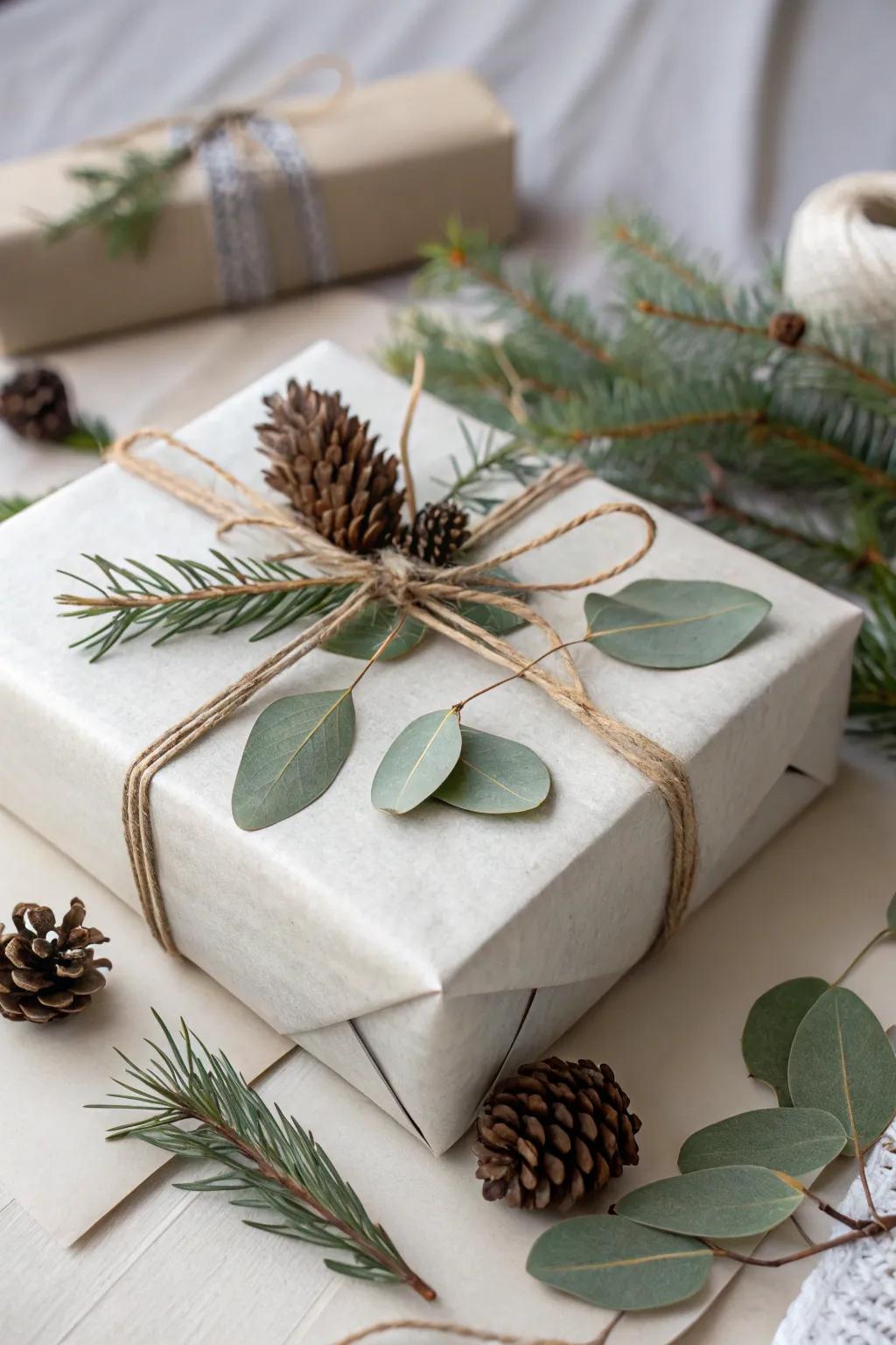 Embrace nature's elegance with this beautifully wrapped gift, featuring eucalyptus and pine cones for a touch of rustic charm.