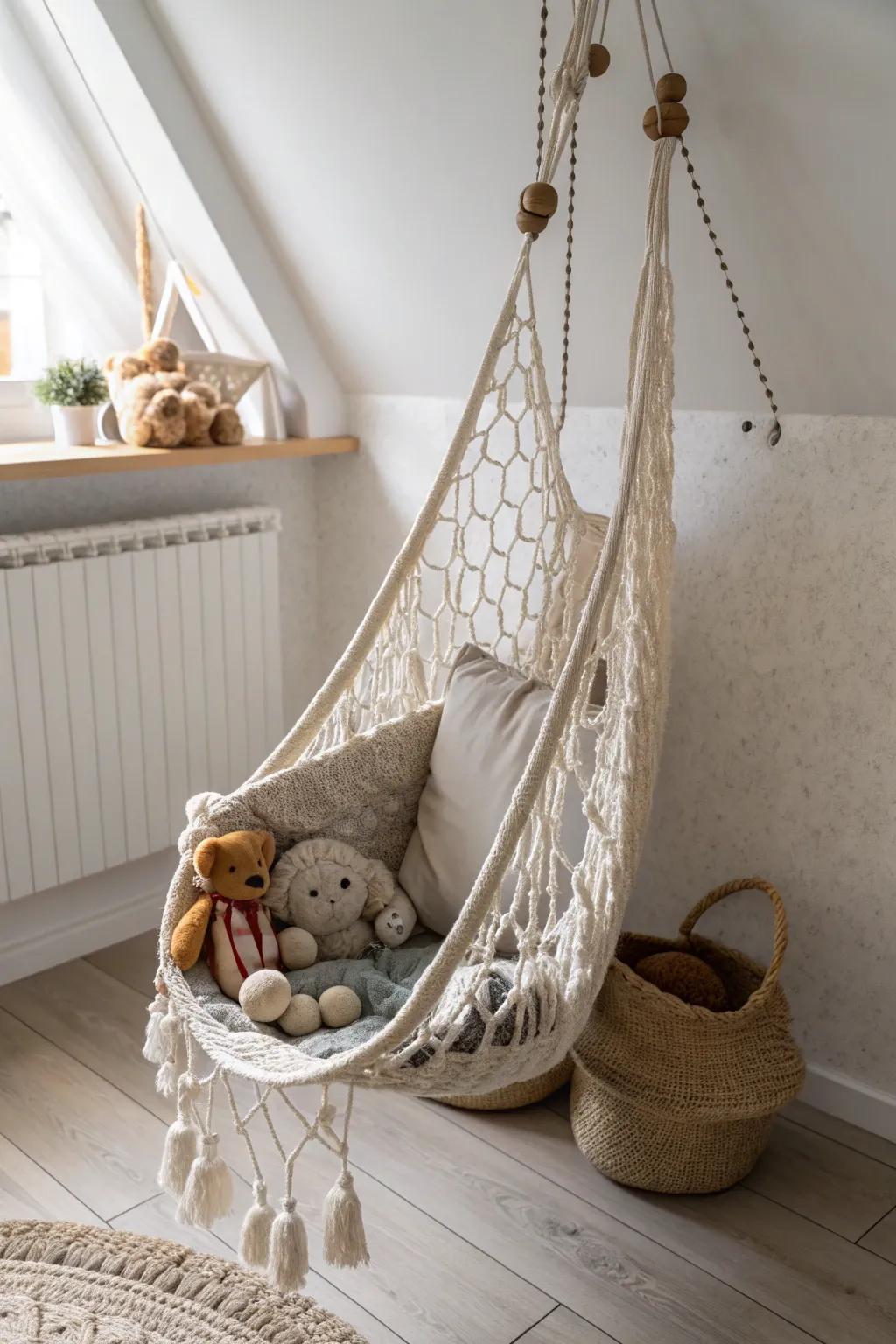 Elevate your playroom decor with a charming toy hammock, blending simplicity and playful elegance.