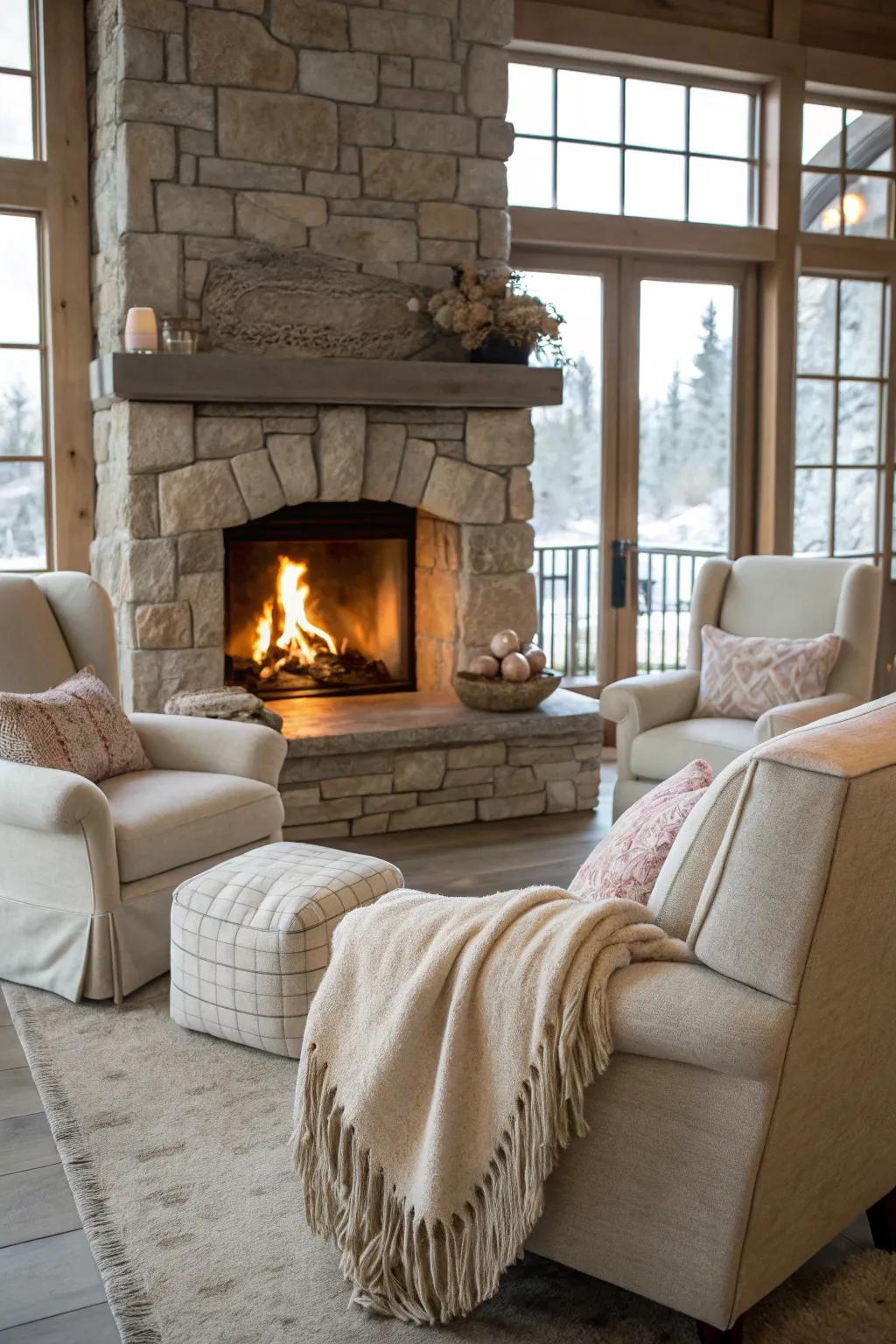 Plush seating enhances the warmth of a light stone fireplace.
