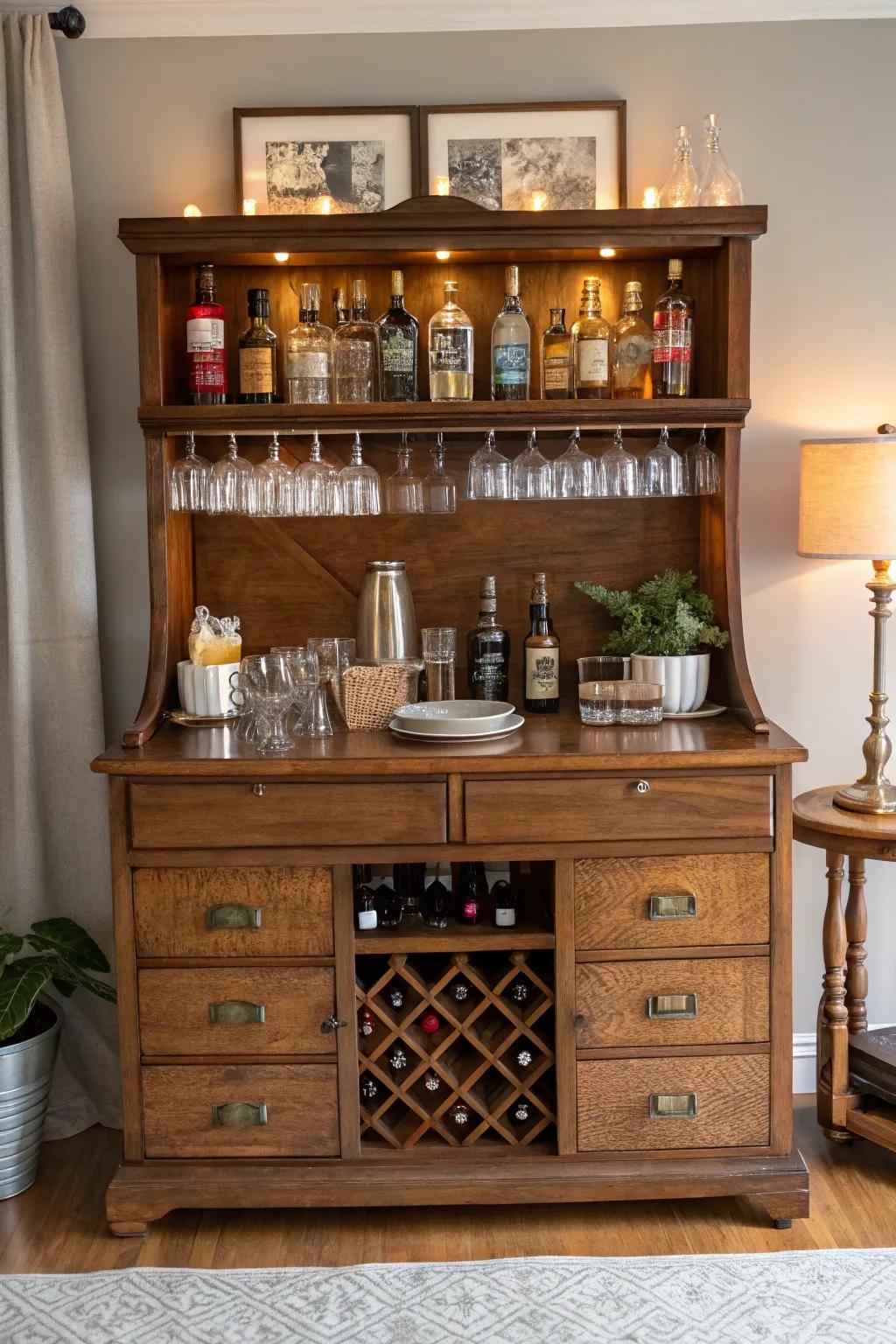 Repurposed furniture adds character to your home bar.