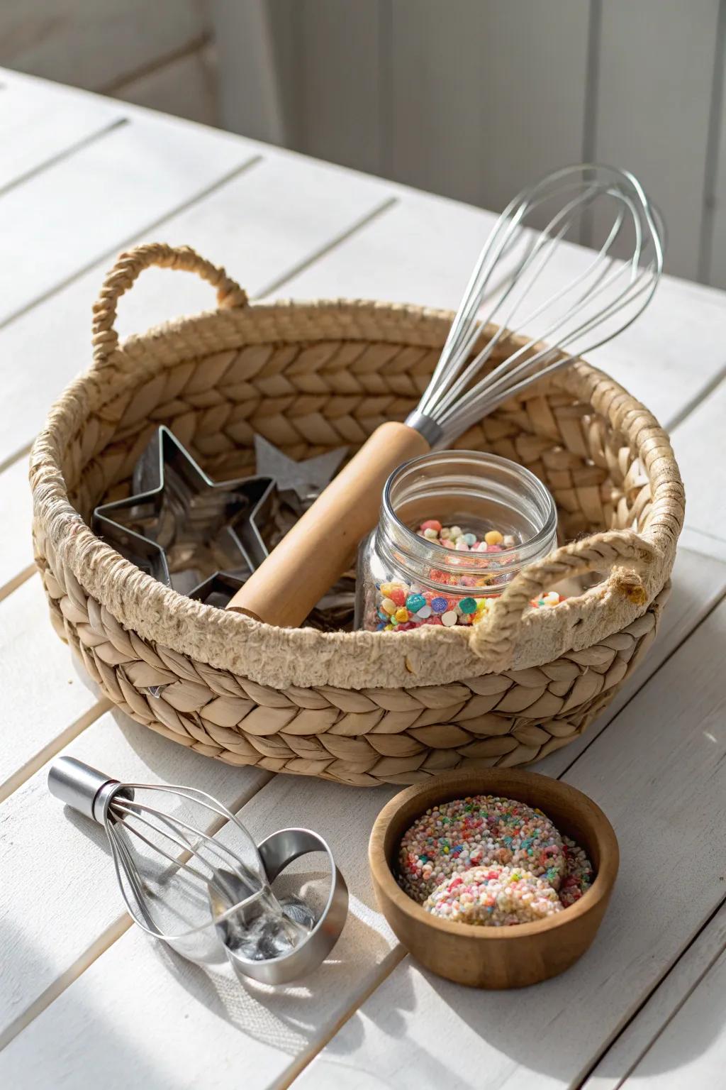 Delight the baking enthusiast in your life with this elegantly curated gift basket.